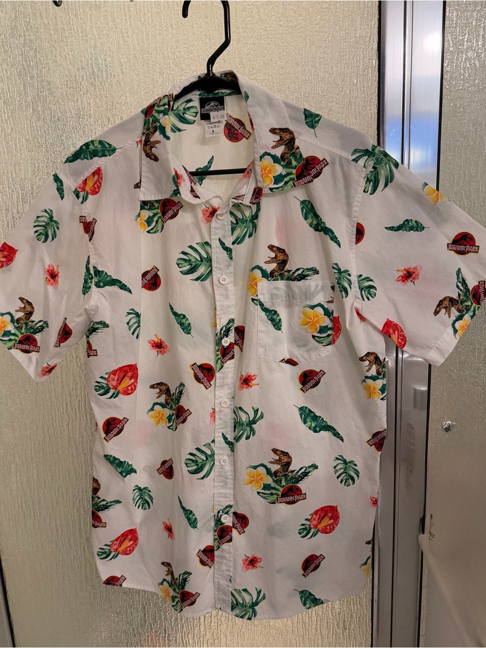 Men's White Tropical Jurassic Park Theme Print Short-Sleeve Shirt Size Large $20